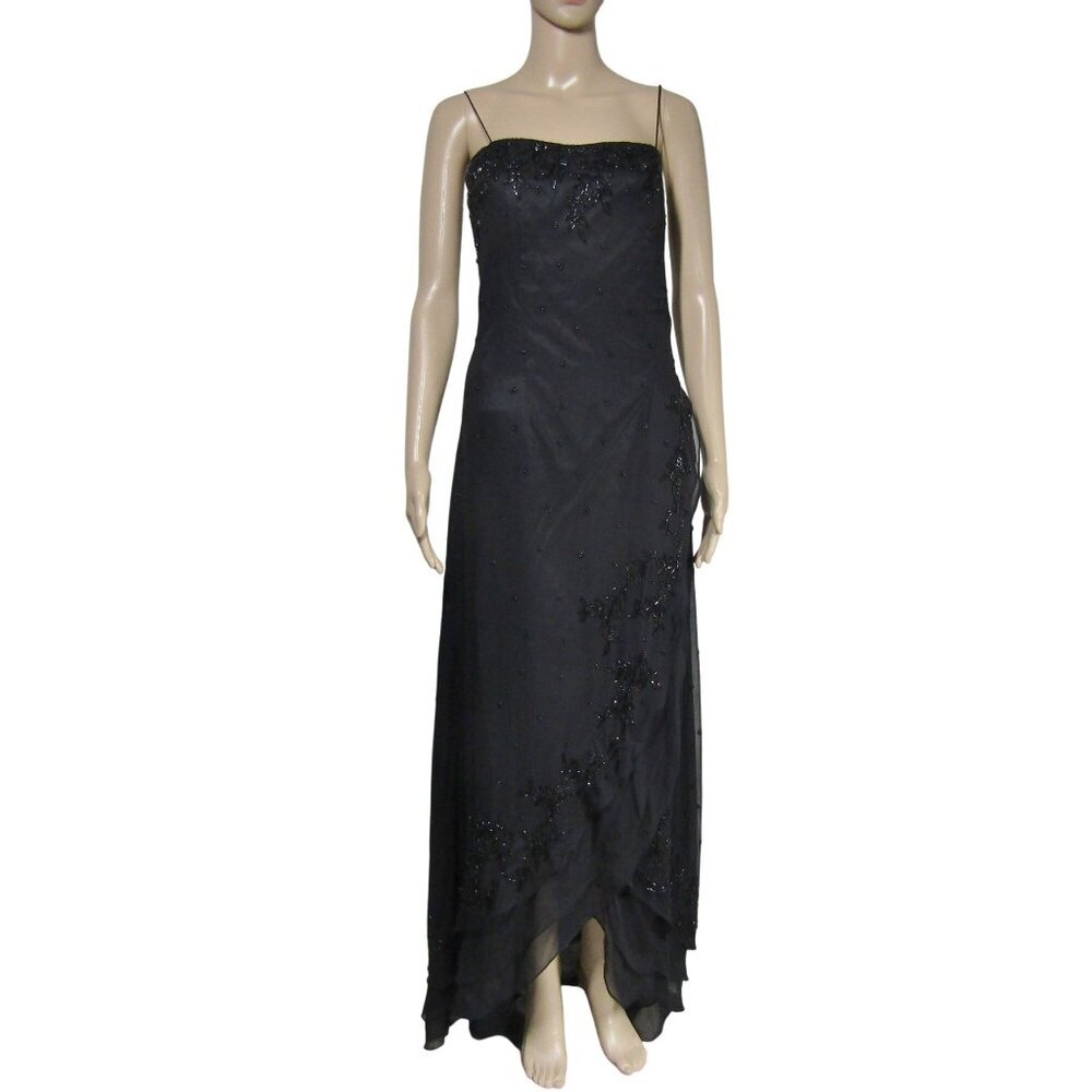 VTG Y2K Scala SILK S Beaded ASYMMETRICAL Whimsigoth Black Prom Maxi Dress